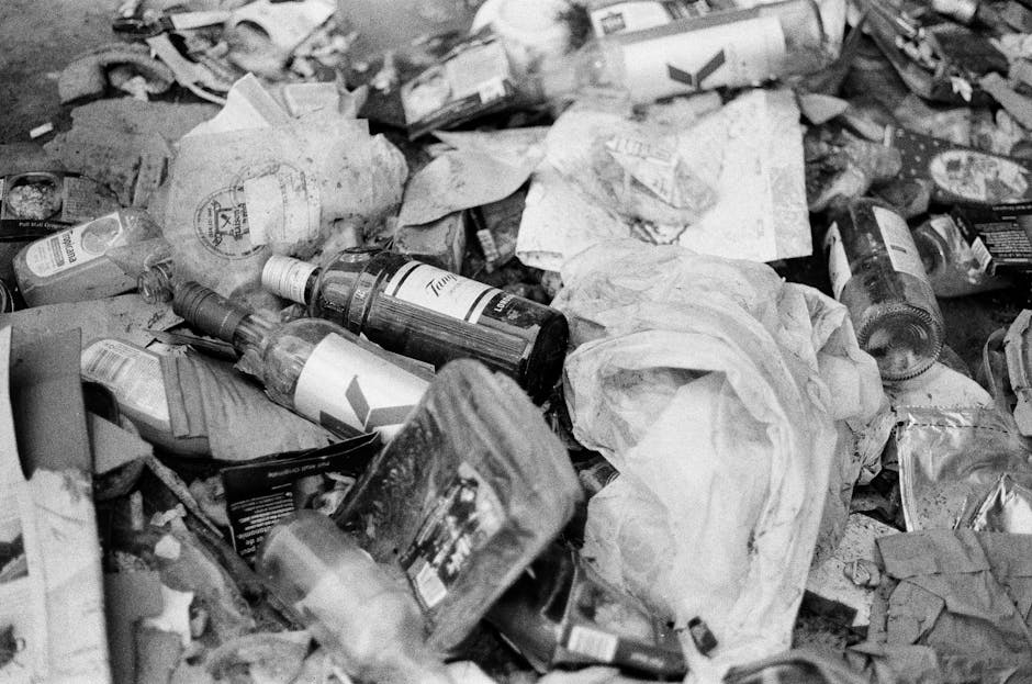 A large pile of mixed household rubbish and waste materials scattered across a paved surface, including crumpled paper, plastic bottles, and various discarded packaging. The waste appears unorganized, with some items partially crushed or flattened, and the surface beneath visible in some areas. Plastic bottles are predominantly transparent with labels still attached, some cap closures visible, and they are lying on their sides or upright amidst crumpled paper and other debris. Cardboard packaging and paper waste are crumpled and piled irregularly, with some torn or shredded. The environment suggests an outdoor setting, possibly a driveway or a waste collection point, with natural lighting casting minimal shadows. The scene conveys a typical example of improperly disposed rubbish that might be handled through private waste clearance services like Rubbish Clearance Uxbridge, often necessary when waste exceeds regular council collection limits or involves bulk or miscellaneous items requiring on-site clearance. This detailed visual description emphasizes the variety and disorder of general household waste materials suitable for professional rubbish removal or disposal solutions.